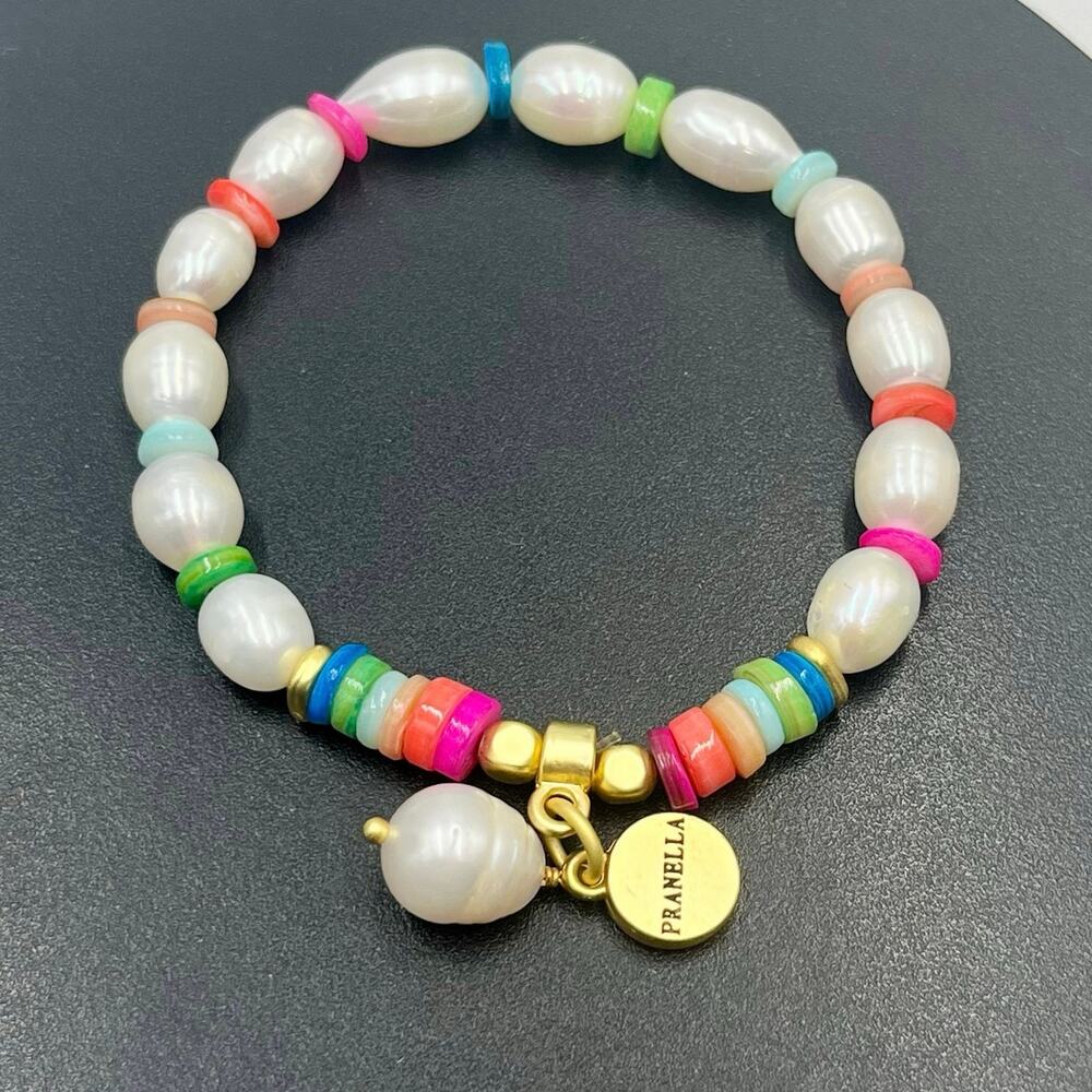 Pranella Semiprecious Heishi Beads White Freshwater Pearls Stretch Bracelet